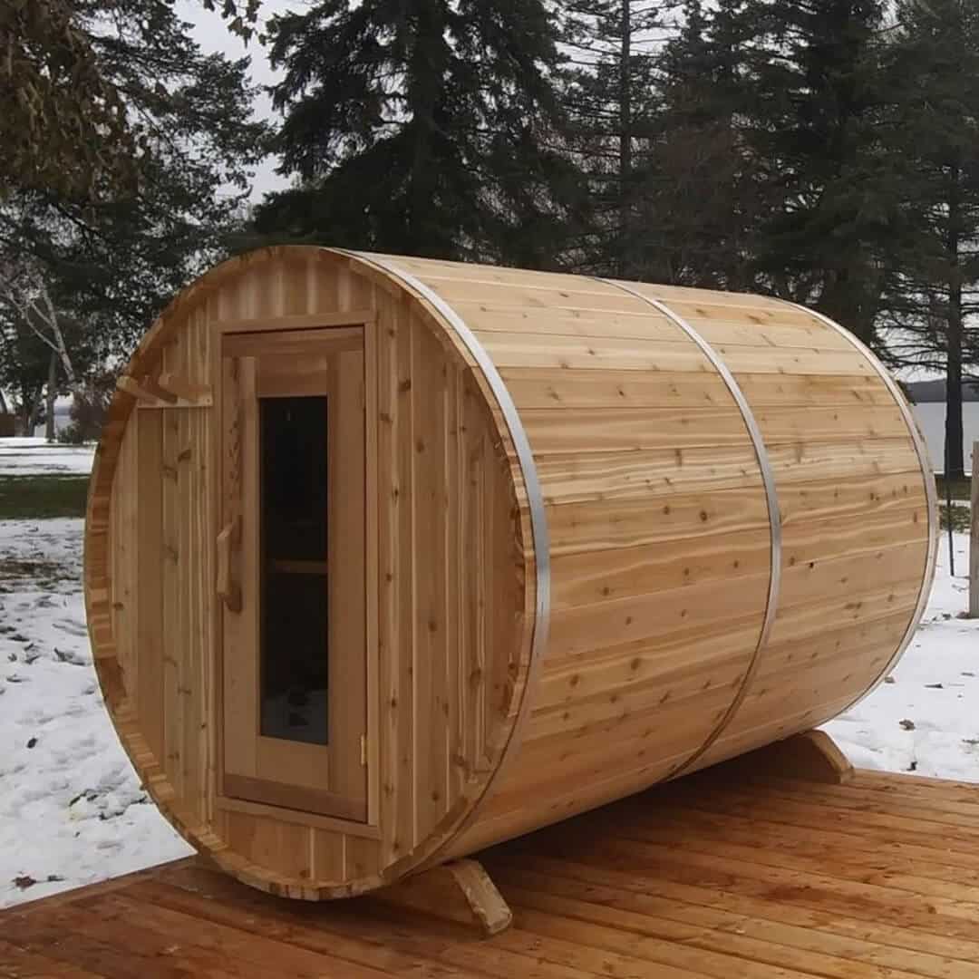 knotty-red-cedar-barrel-sauna Knotty Red Cedar Barrel Sauna – 7’x6′ - Image 1