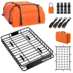 Extendable Roof Rack Carrier 50"x36"x4.5" with 18 Cu Ft Waterproof Orange Cargo Bag – Adjustable Steel Rooftop Basket with Cargo Net & Straps